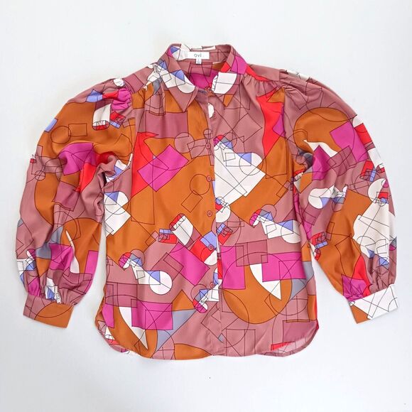 OVI Bright Geometric Mod Print Blouse Balloon Sleeve Sz L - Picture 2 of 8